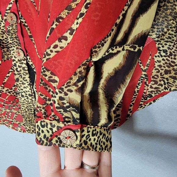 Carrie Allen Animal Print Button Up Blouse Women M Red Leopard LS Sheer Mob Wife - Picture 8 of 13